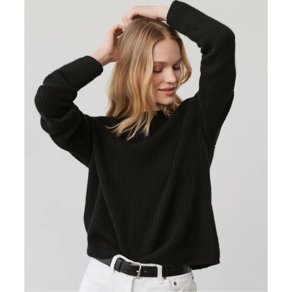 Jenni Kayne | Small | Cashmere Boxy Ribbed Crewneck Fisherman Sweater in Black